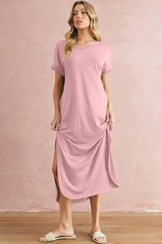 V Neck Hidden Pocket Splits Maxi T-shirt Dress – SHEWIN INC. | ClozArt