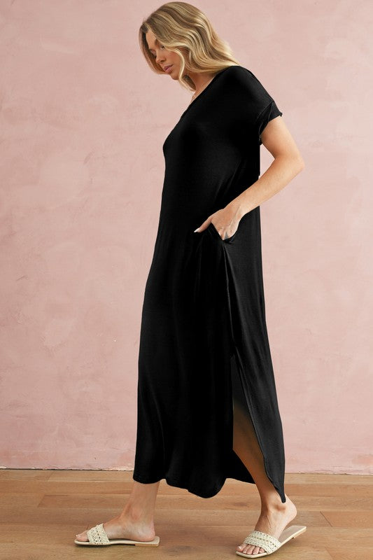 V Neck Hidden Pocket Splits Maxi T-shirt Dress – SHEWIN INC. | ClozArt
