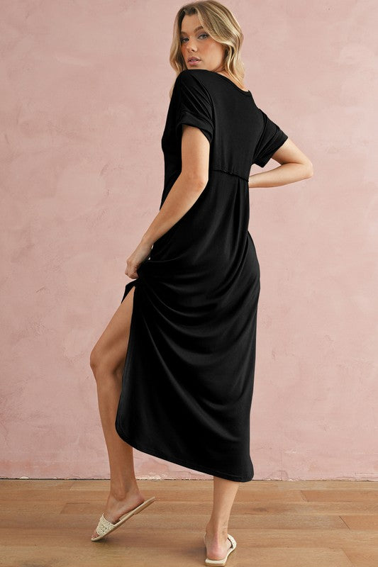 V Neck Hidden Pocket Splits Maxi T-shirt Dress – SHEWIN INC. | ClozArt