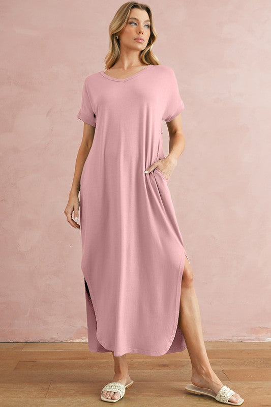 V Neck Hidden Pocket Splits Maxi T-shirt Dress – SHEWIN INC. | ClozArt