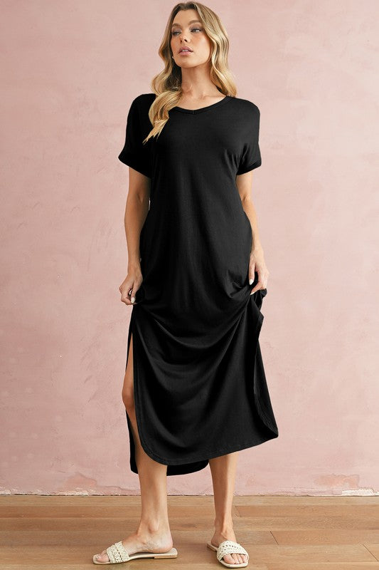 V Neck Hidden Pocket Splits Maxi T-shirt Dress – SHEWIN INC. | ClozArt