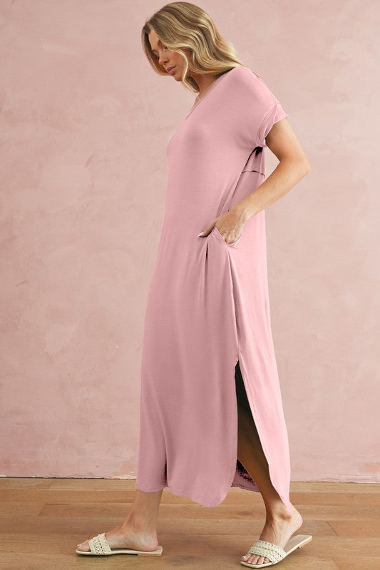 V Neck Hidden Pocket Splits Maxi T-shirt Dress – SHEWIN INC. | ClozArt