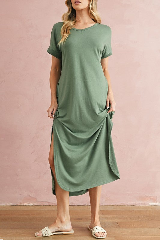 V Neck Hidden Pocket Splits Maxi T-shirt Dress – SHEWIN INC. | ClozArt