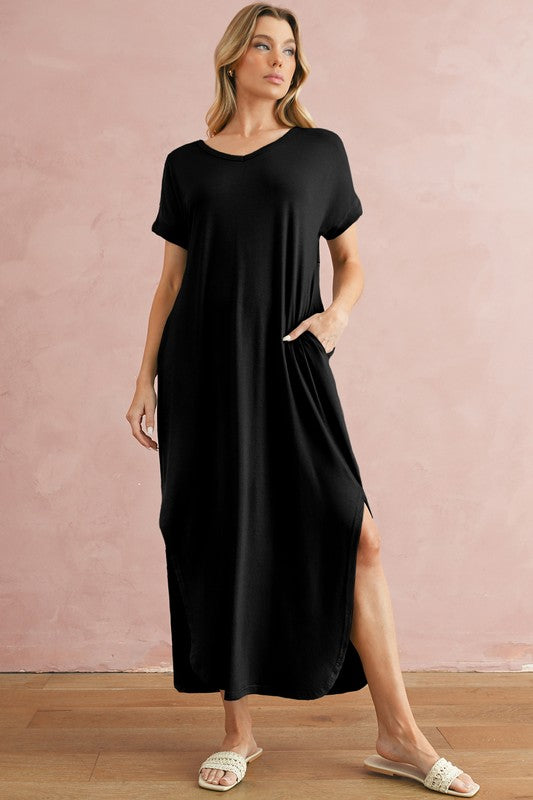 V Neck Hidden Pocket Splits Maxi T-shirt Dress – SHEWIN INC. | ClozArt