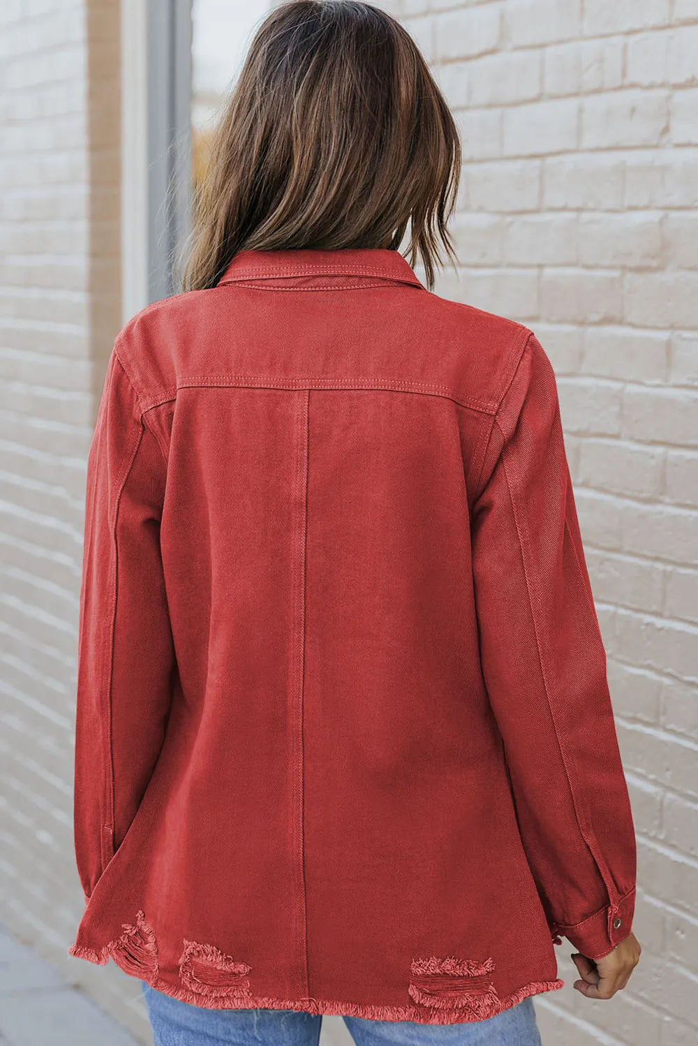 Distressed Raw Hem Snap Down Denim Jacket – Trendsi | ClozArt