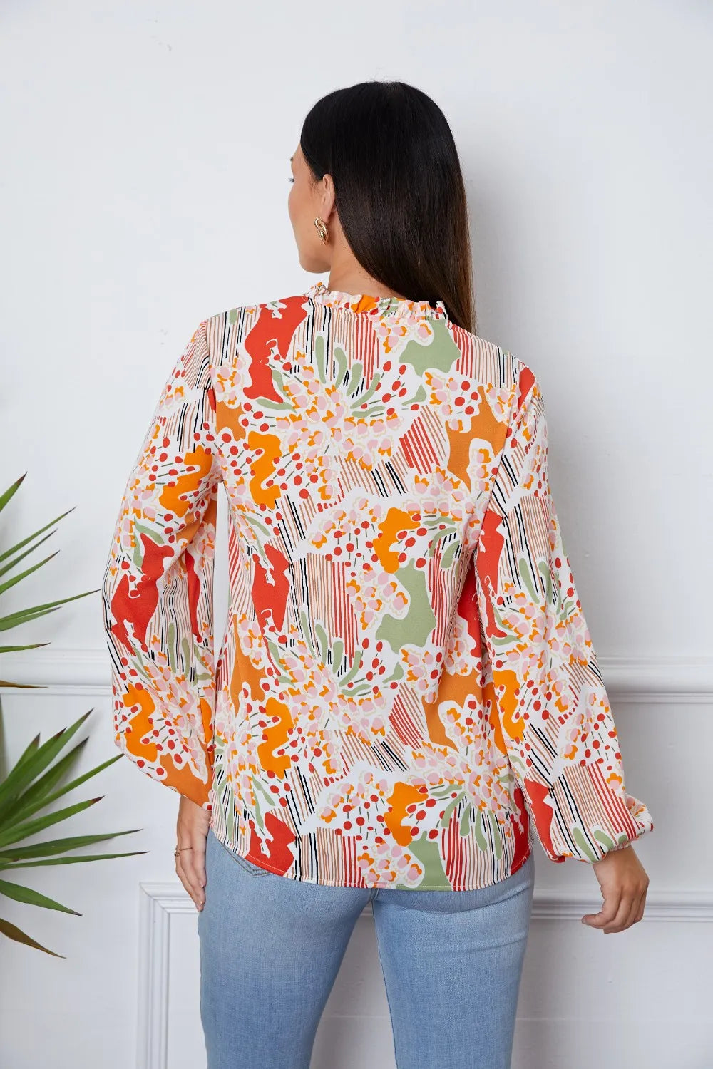 Floral Frill Notched Long Sleeve Blouse – Trendsi | ClozArt