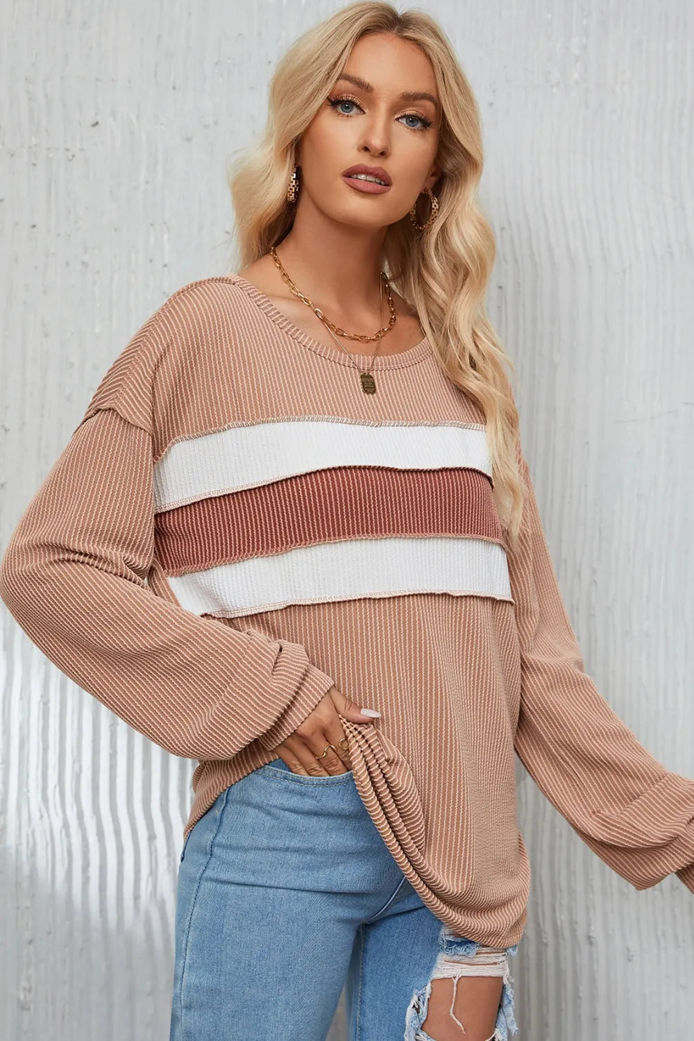 Ribbed Color Block Exposed Seam Round Neck Blouse – Trendsi | ClozArt
