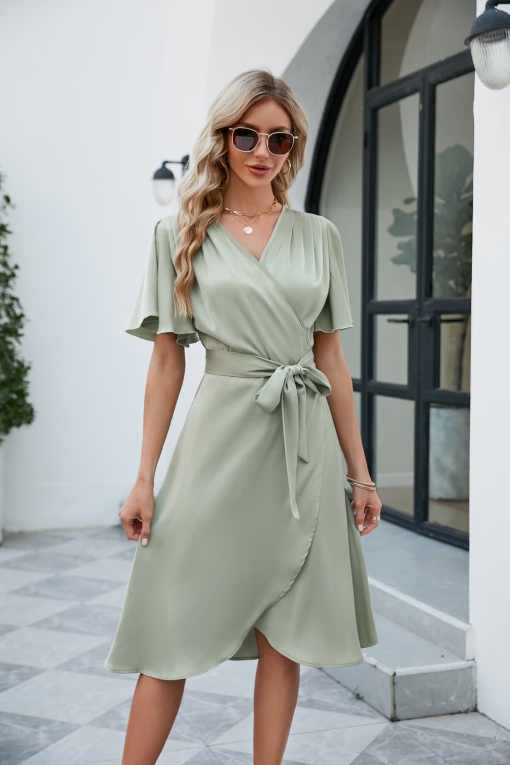 Tie Waist Flutter Sleeve Surplice Dress – Trendsi | ClozArt
