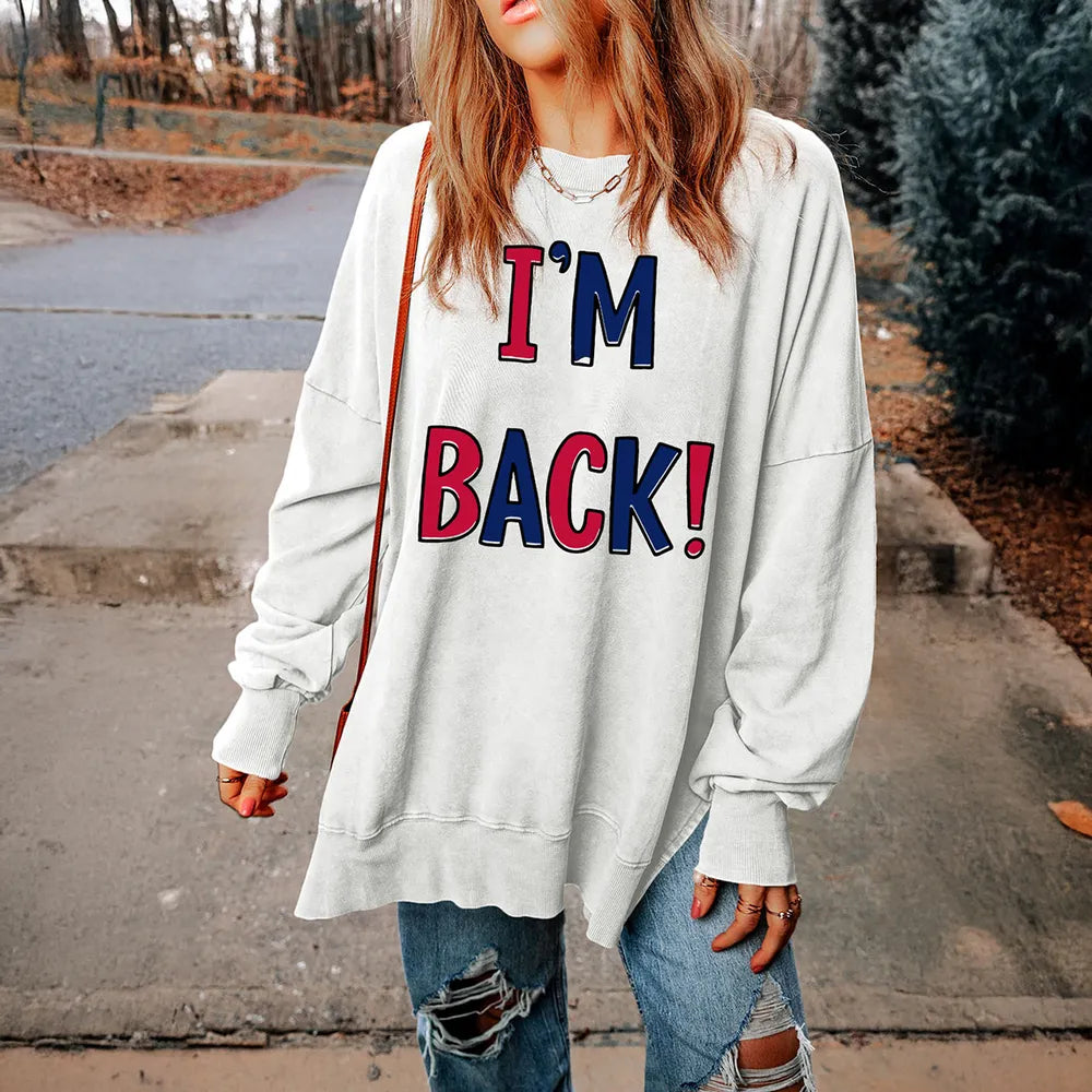 I'M BACK Slit Round Neck Long Sleeve Sweatshirt – Trendsi | ClozArt