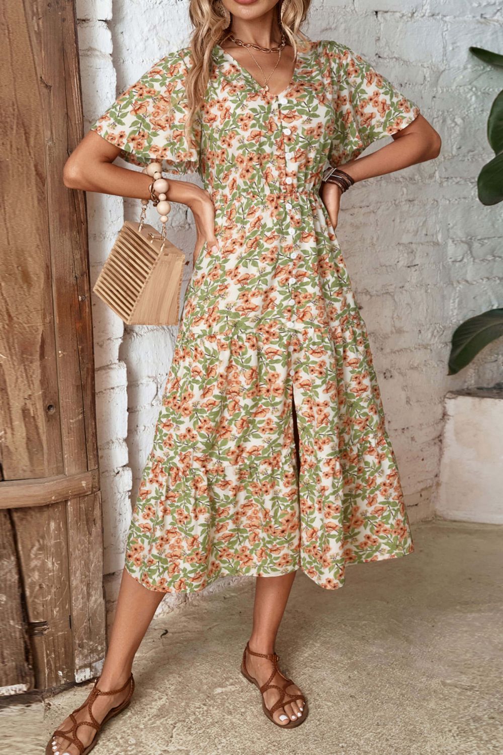 Perfee Floral V-Neck Front Slit Dress – Trendsi | ClozArt