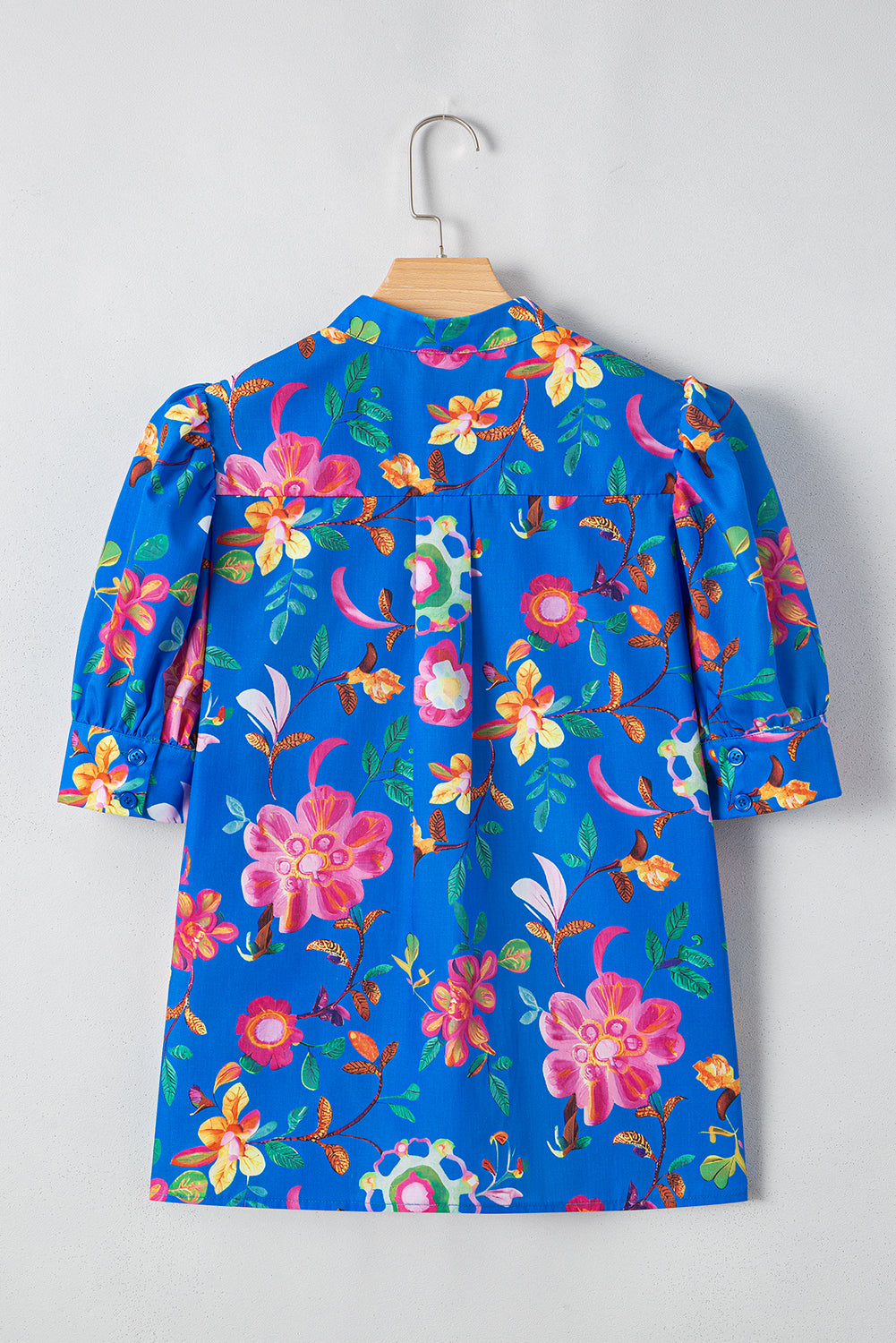 Blue Puff Sleeve Button Up Boho Floral Shirt – Shewin | ClozArt
