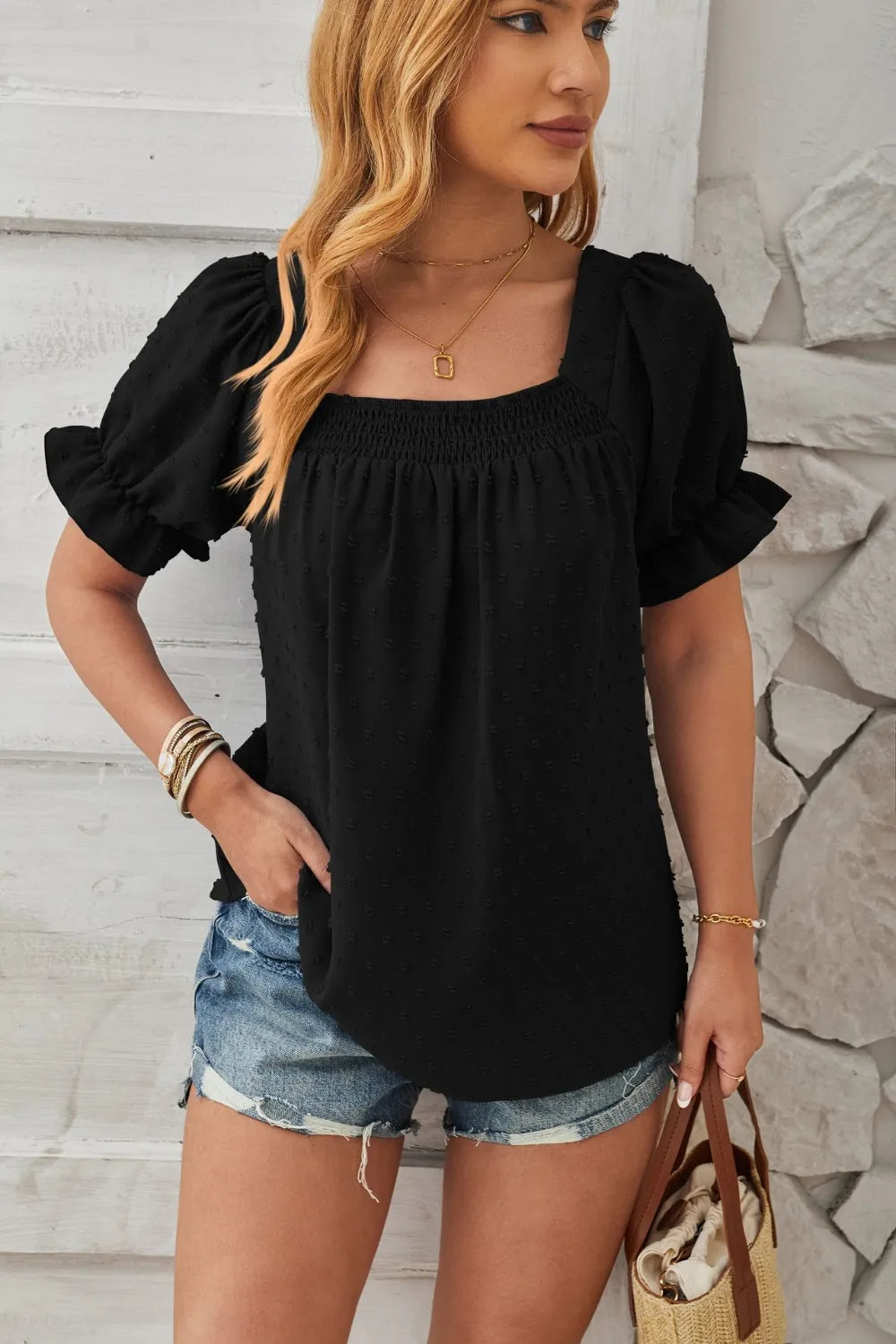 Swiss Dot Smocked Square Neck Short Sleeve T-Shirt – Trendsi | ClozArt