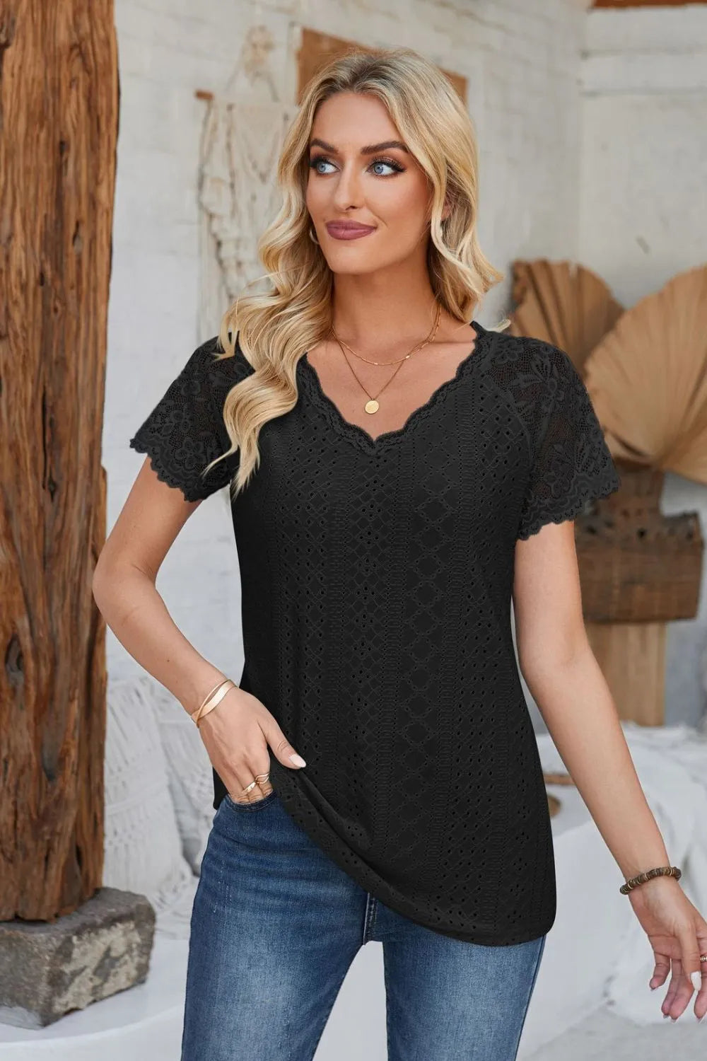 Eyelet V-Neck Lace Short Sleeve T-Shirt – Trendsi | ClozArt