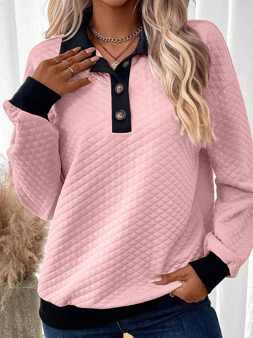 Texture Quarter Button Long Sleeve Sweatshirt – Trendsi | ClozArt