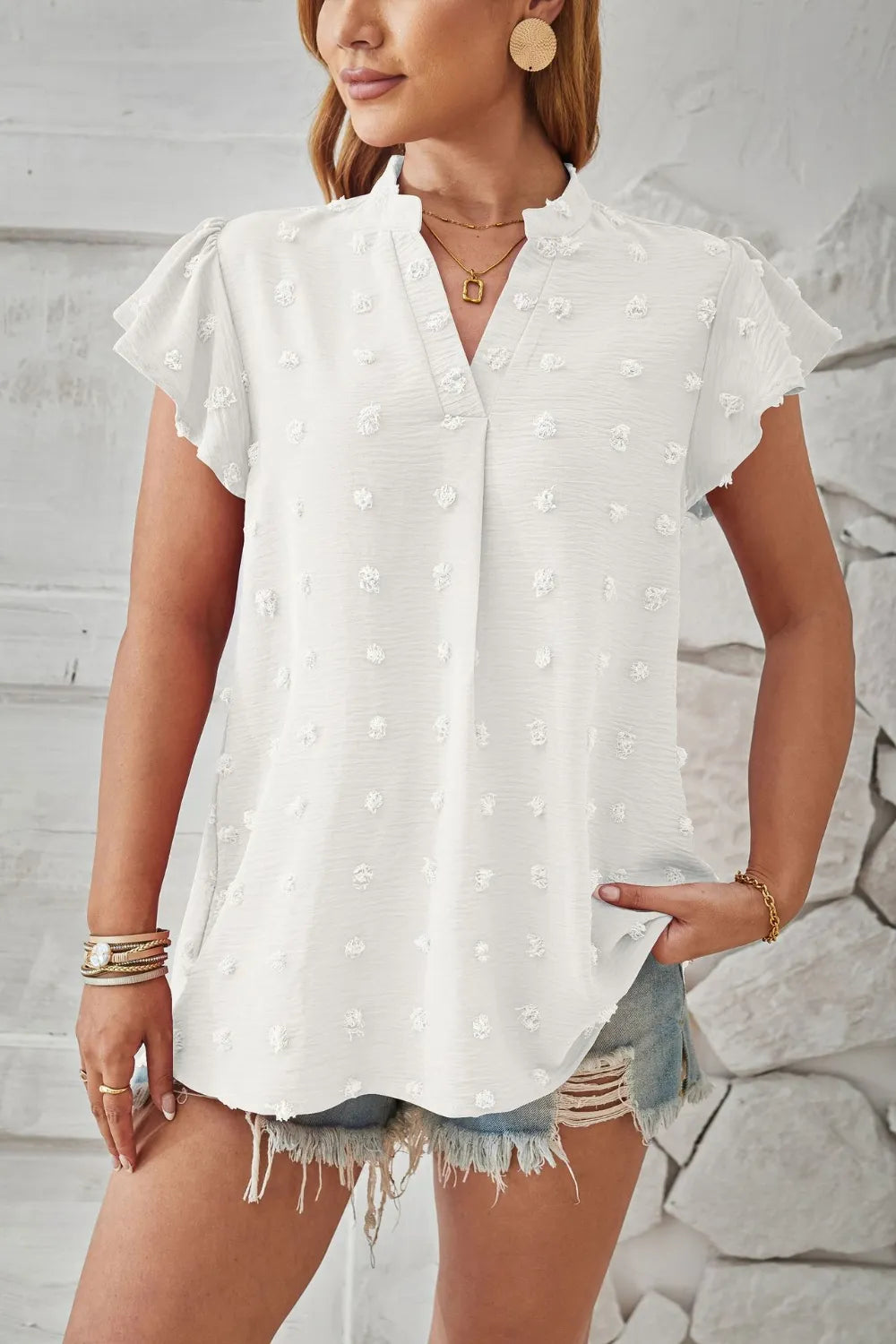 Swiss Dot Notched Cap Sleeve T-Shirt – Trendsi | ClozArt