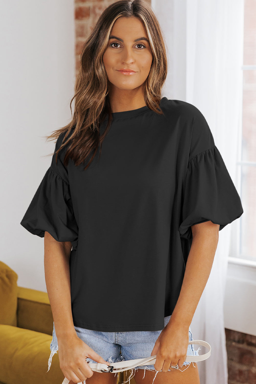 Puff Sleeve Curved Hem Blouse – Trendsi | ClozArt