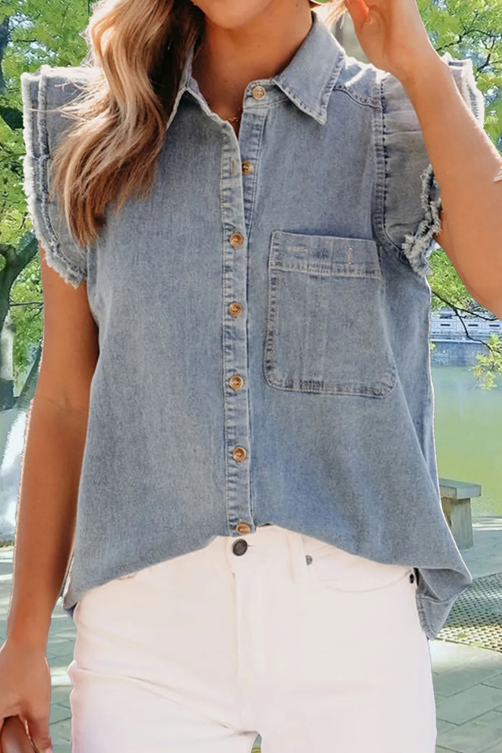 Raw Hem Button Up Cap Sleeve Denim Top – Trendsi | ClozArt