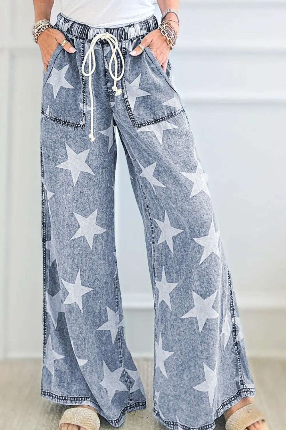 Star Print Washed Drawstring High Waist Wide Leg Jeans – Trendsi | ClozArt