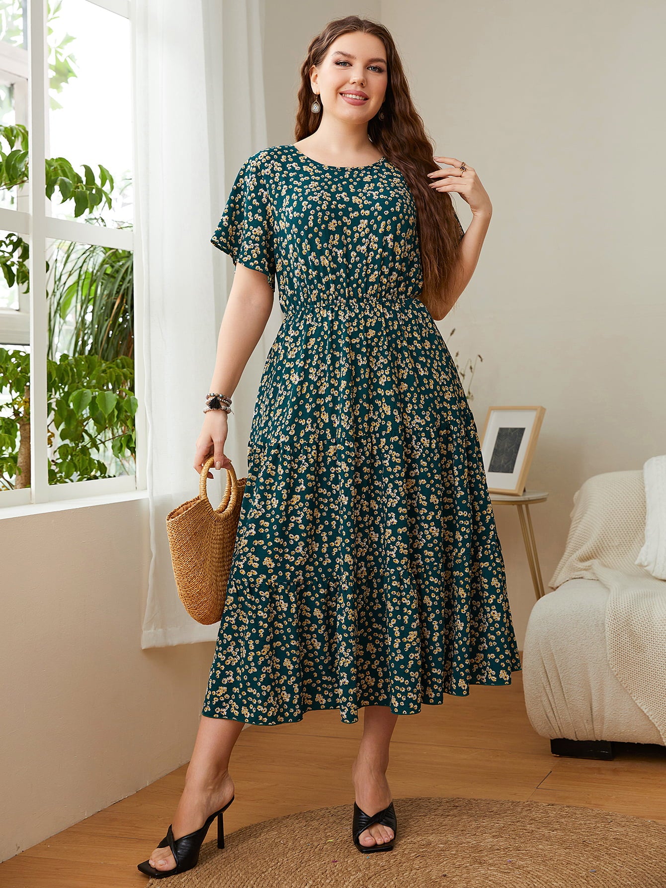 Honey Plus Size Floral Round Neck Short Sleeve Midi Dress – Trendsi | ClozArt