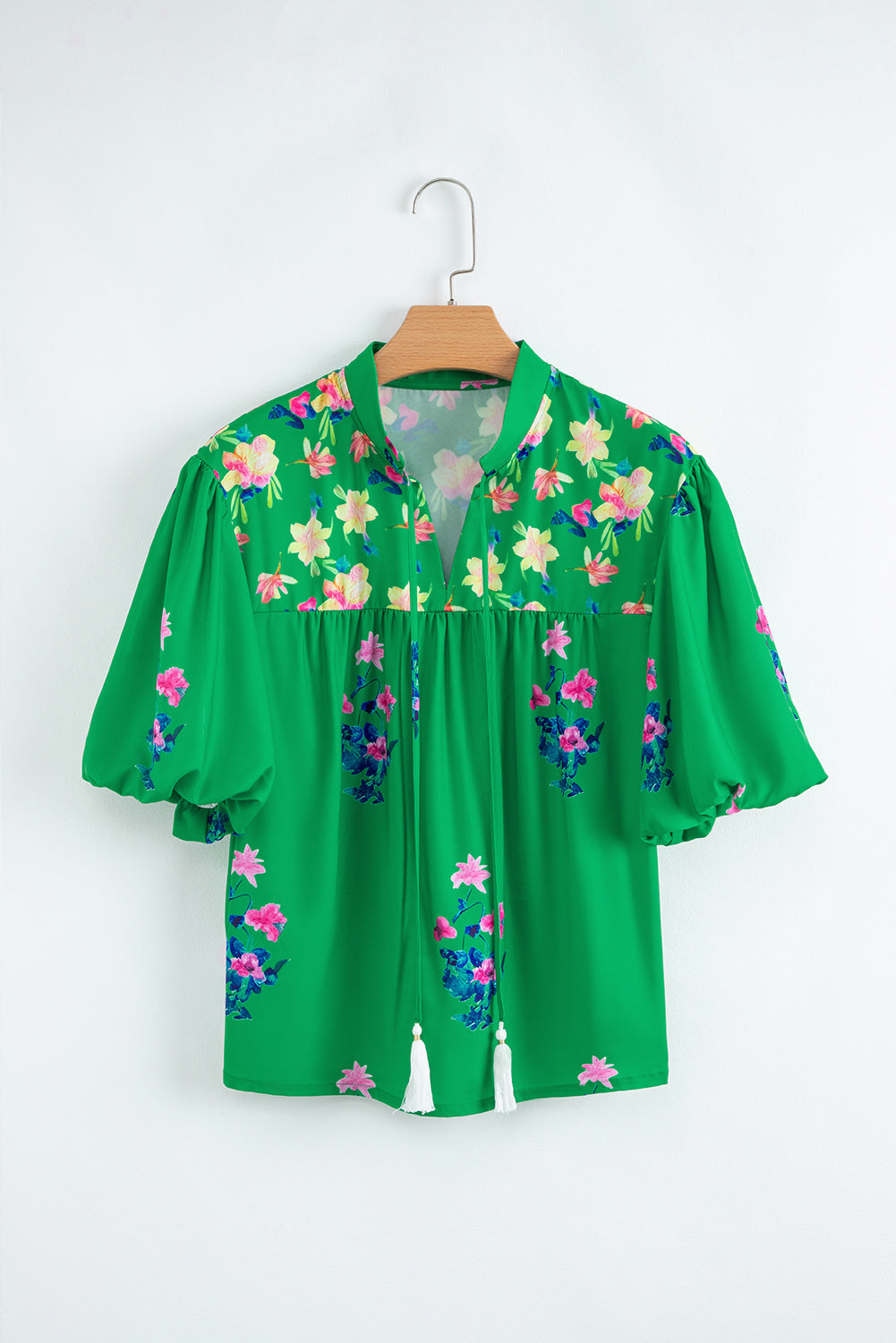 Green Floral Detail Tie Split Neck Puff Sleeve Blouse – Shewin | ClozArt