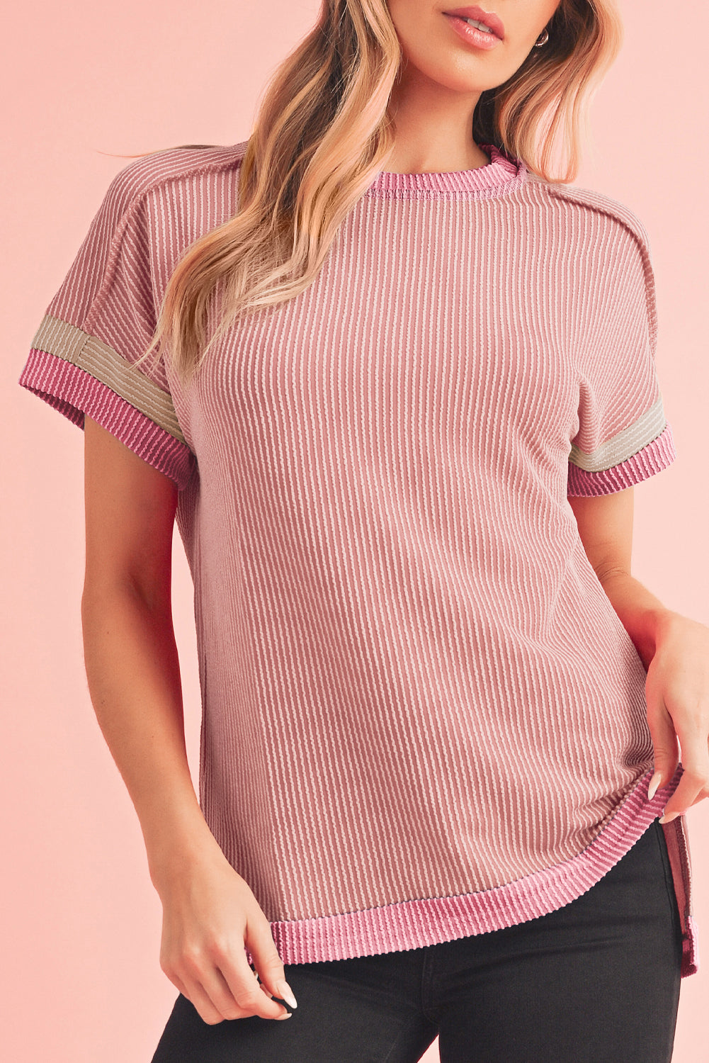 Bright Pink Textured Contrast Color Round Neck T Shirt – Shewin | ClozArt