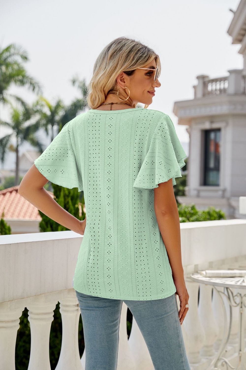 Eyelet Flutter Sleeve Round Neck Top – Trendsi | ClozArt