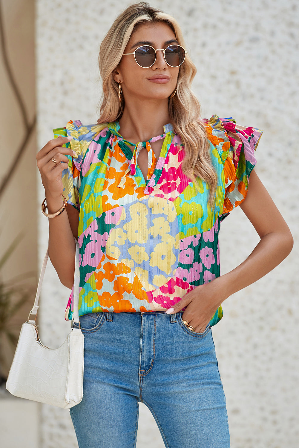 Multicolour Leopard Flutter Sleeve V Neck Crinkled Blouse – Shewin | ClozArt