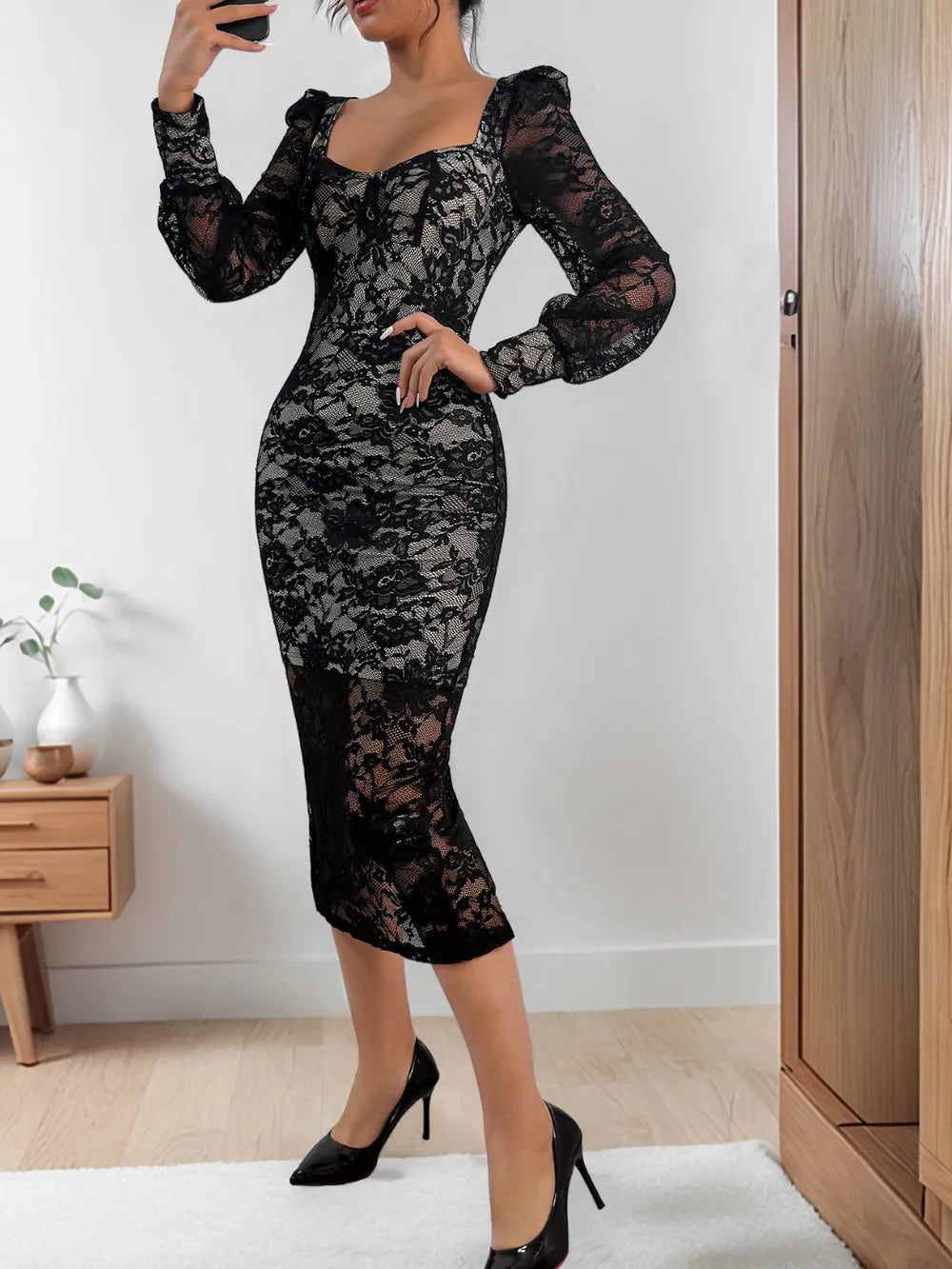 Perfee Lace Sweetheart Neck Long Sleeve Midi Dress – Trendsi | ClozArt