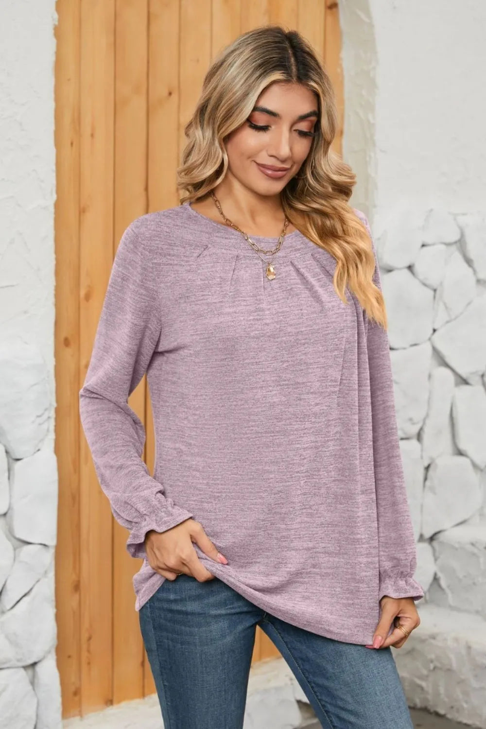 Ruched Round Neck Flounce Sleeve T-Shirt – Trendsi | ClozArt