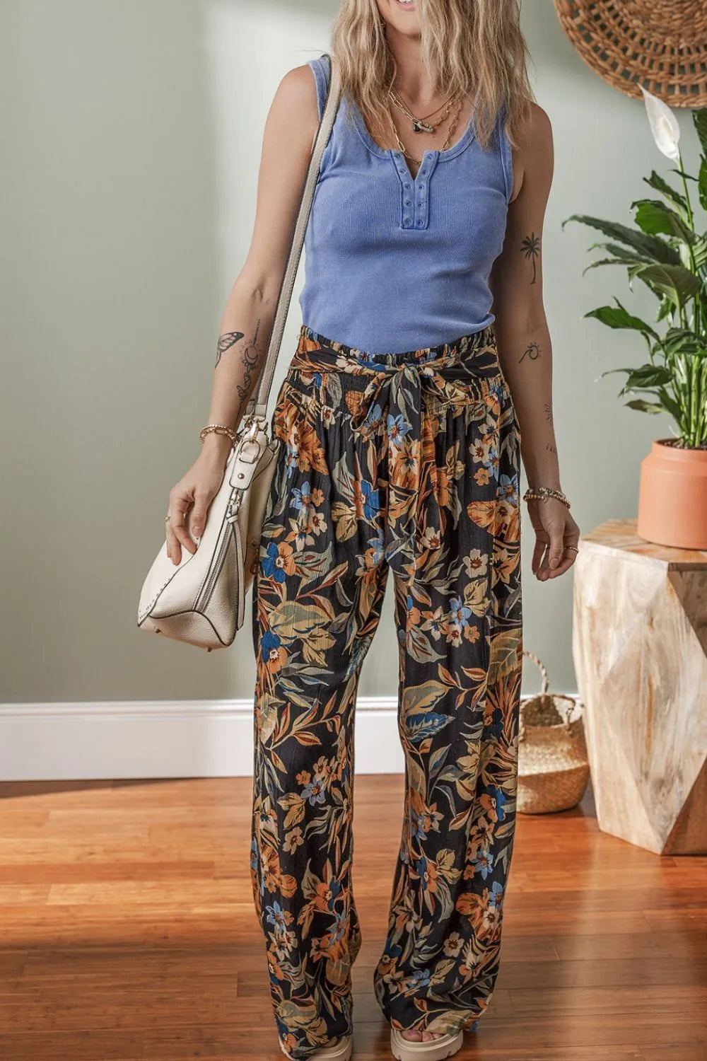 Floral Shirred High Waist Wide Leg Pants with Tie – Trendsi | ClozArt