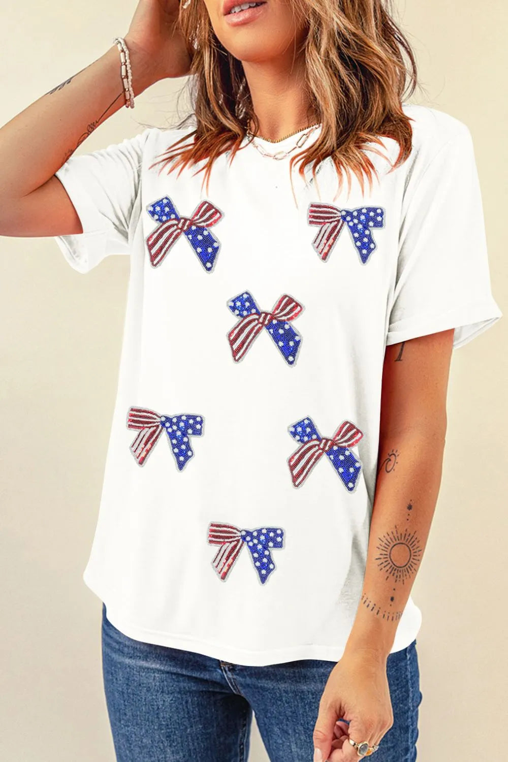 Sequin Flag Bow Pattern Crew Neck Patriotic Tee – Trendsi | ClozArt