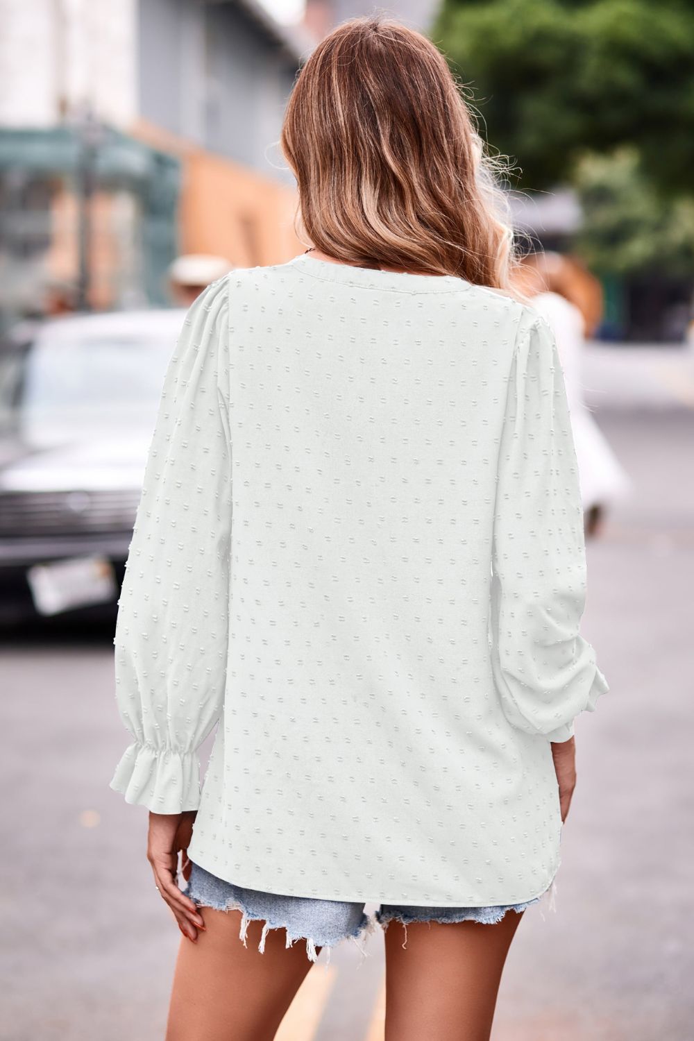 Swiss Dot Notched Neck Flounce Sleeve Blouse – Trendsi | ClozArt