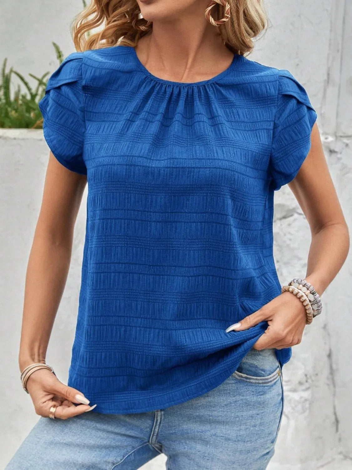 Round Neck Petal Sleeve Top – Trendsi | ClozArt