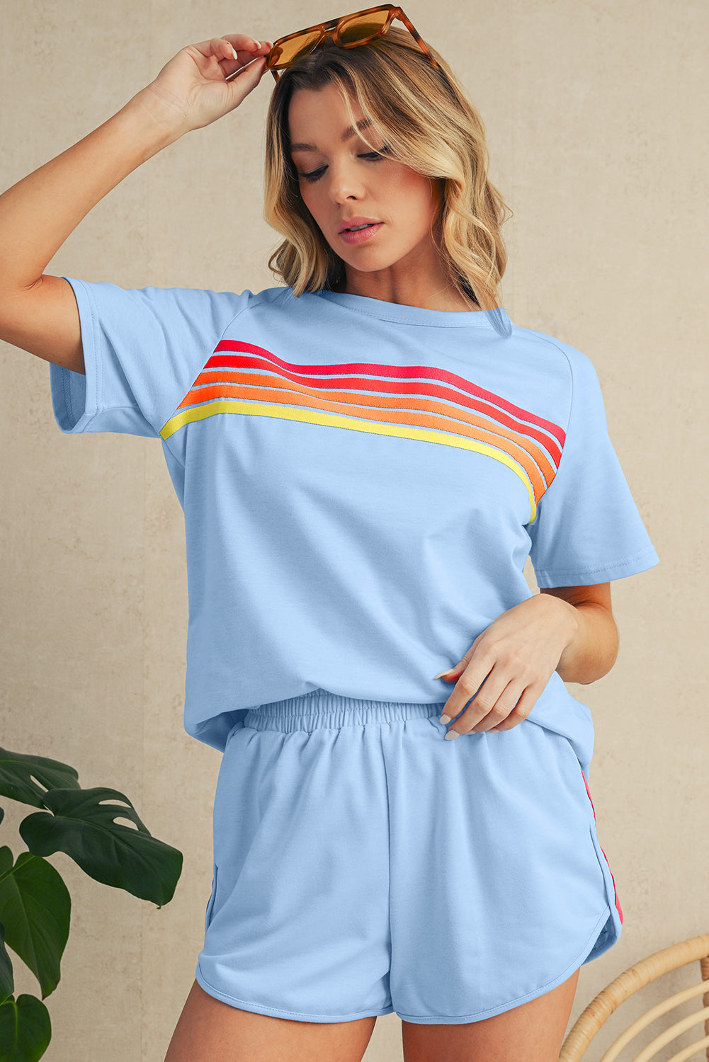 Beau Blue Colorful Striped Casual Tee – Shewin | ClozArt