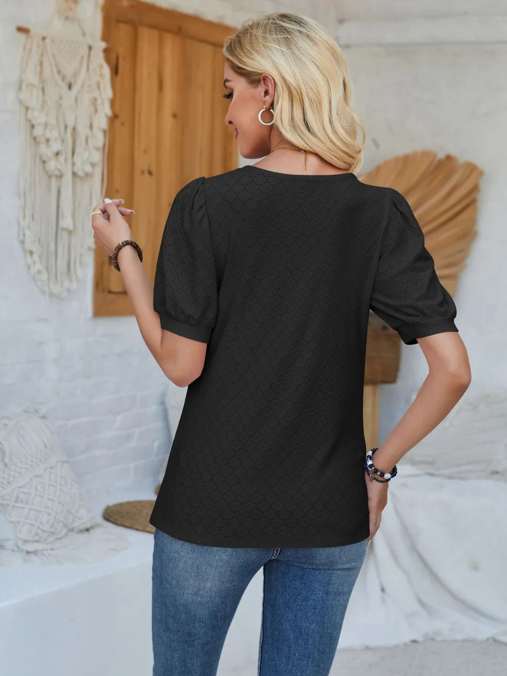 Eyelet Asymmetrical Neck Short Sleeve T-Shirt – Trendsi | ClozArt