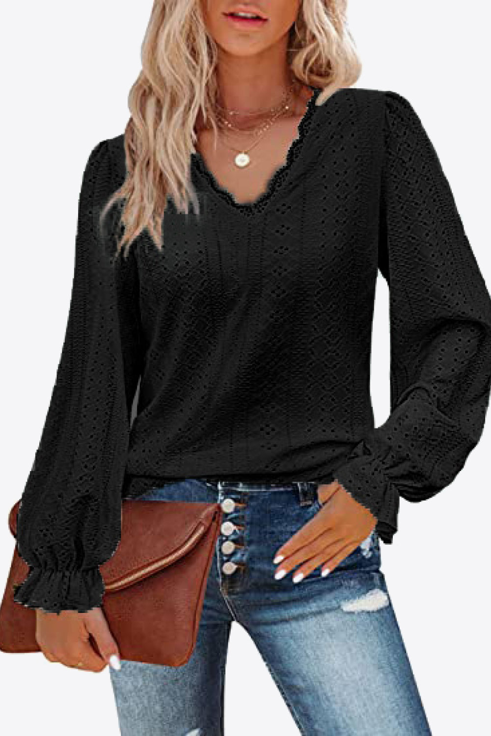 Eyelet V-Neck Flounce Sleeve Blouse – Trendsi | ClozArt