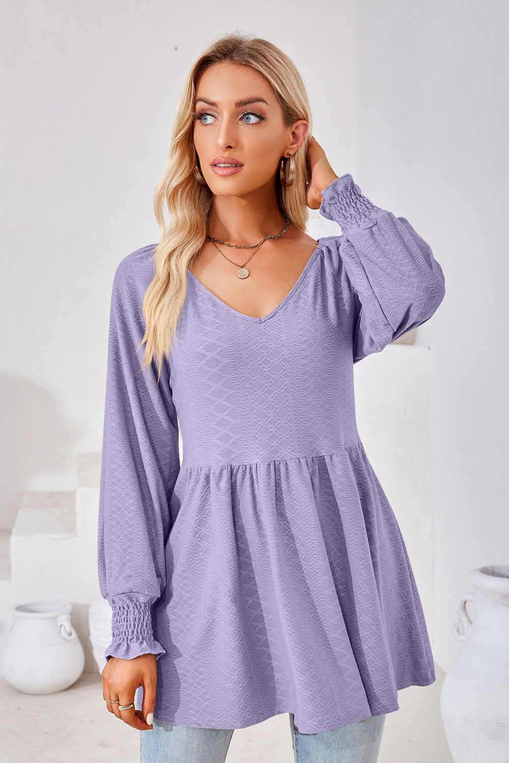 V-Neck Lantern Sleeve Blouse – Trendsi | ClozArt