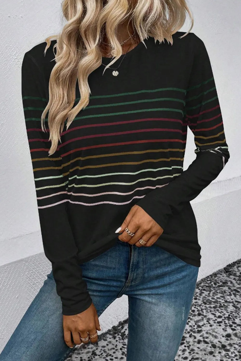 Striped Round Neck Long Sleeve T-Shirt – Trendsi | ClozArt