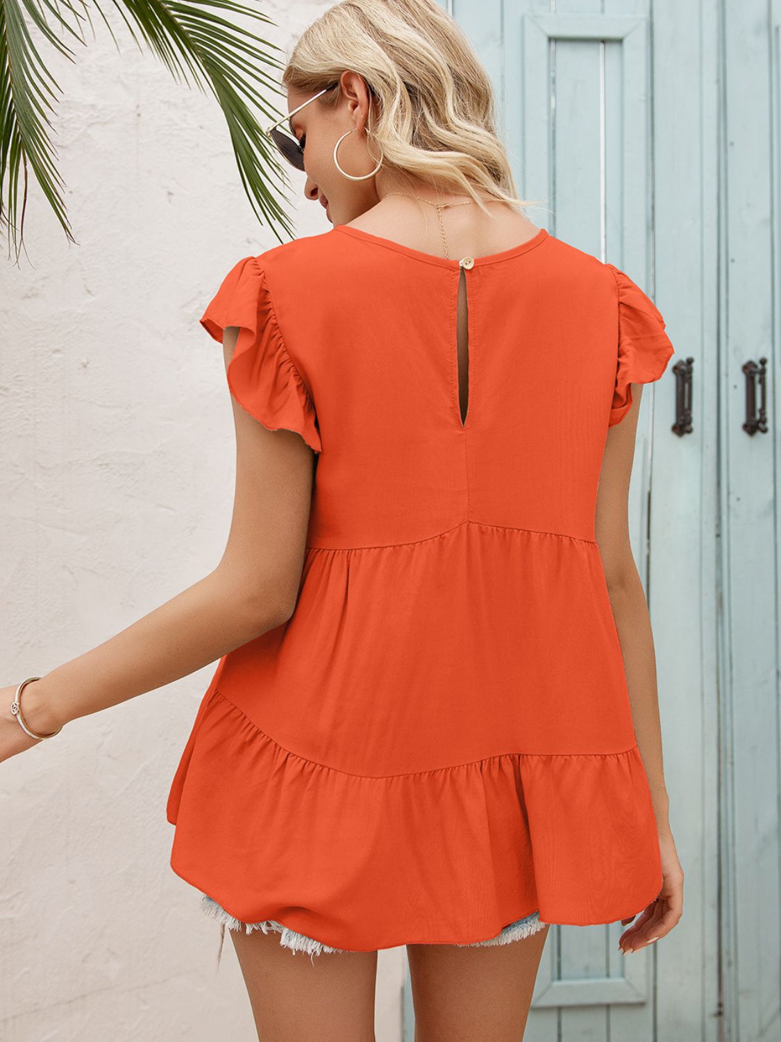 Ivy Lane Round Neck Flutter Sleeve Tiered Blouse – Trendsi | ClozArt
