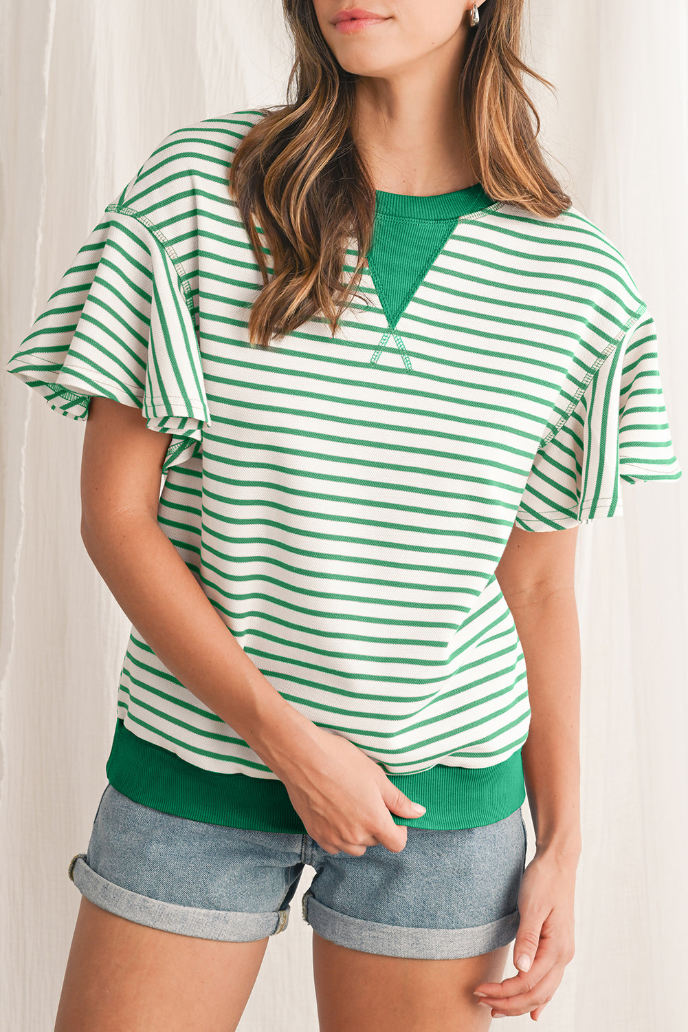 Sachet Pink Striped Ruffle Sleeve Round Neck Top – Shewin | ClozArt