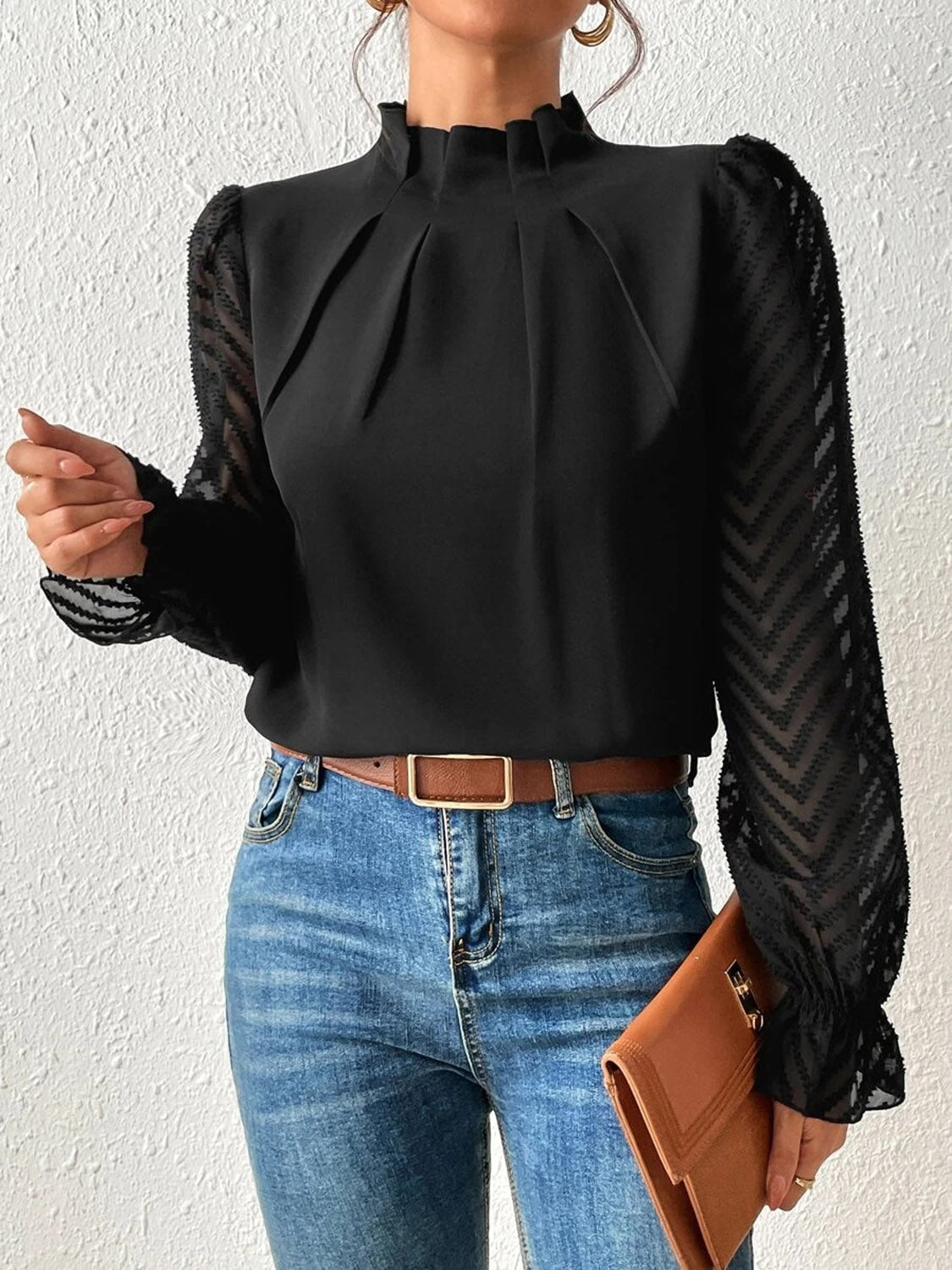 Mock Neck Flounce Sleeve Blouse – Trendsi | ClozArt