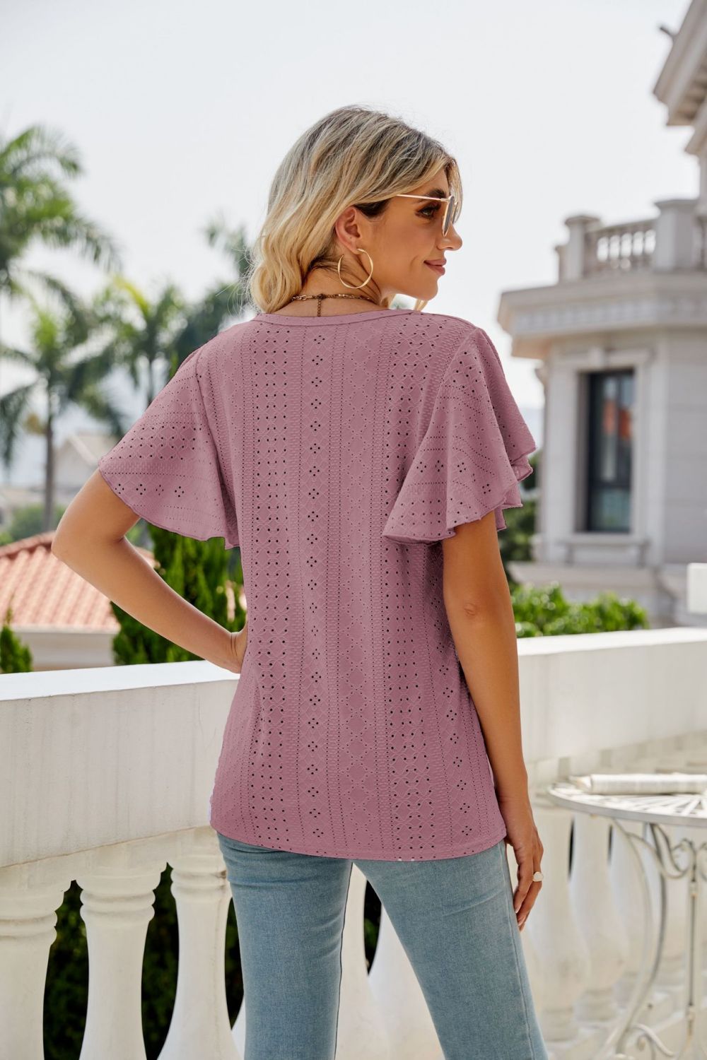 Eyelet Flutter Sleeve Round Neck Top – Trendsi | ClozArt