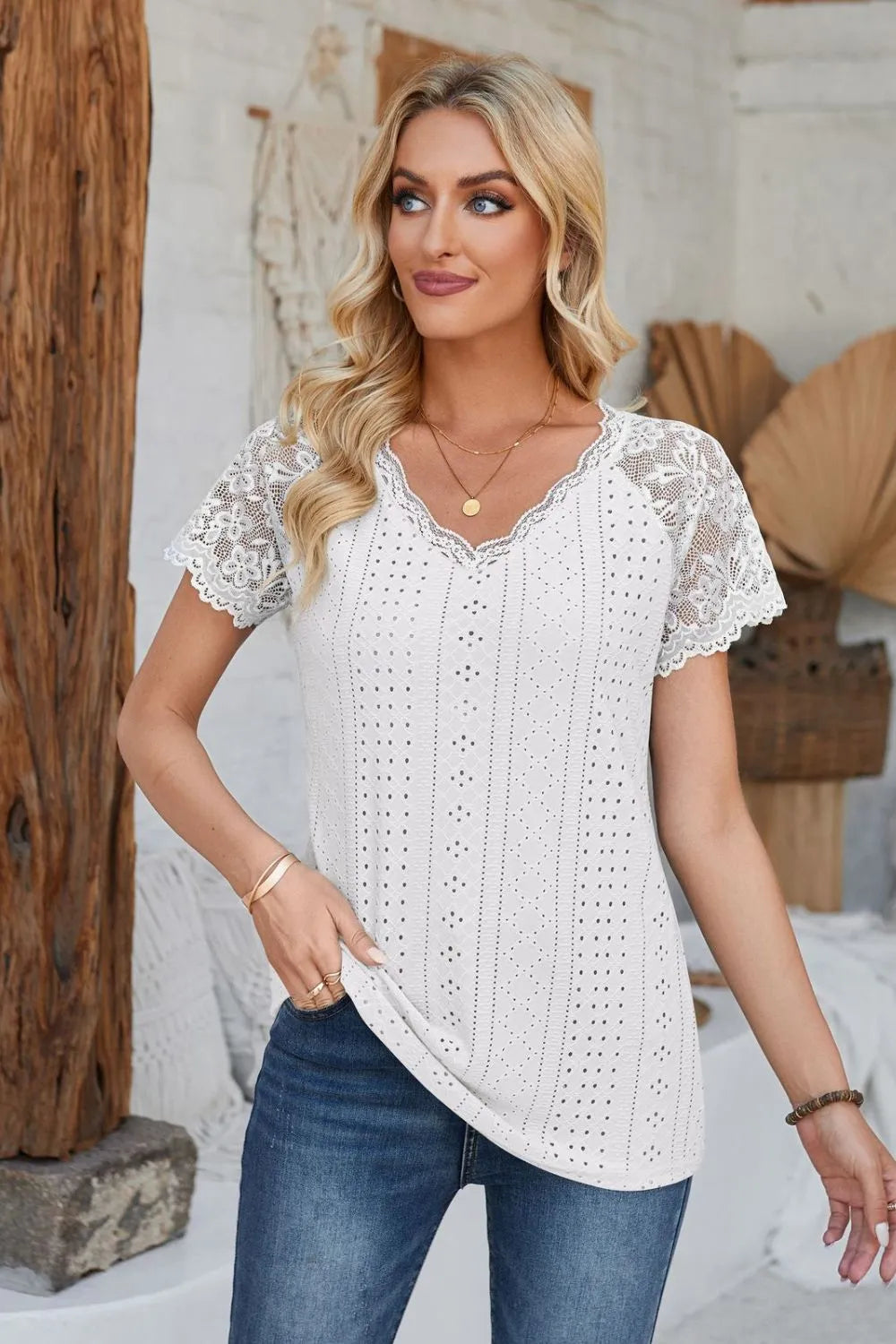 Eyelet V-Neck Lace Short Sleeve T-Shirt – Trendsi | ClozArt