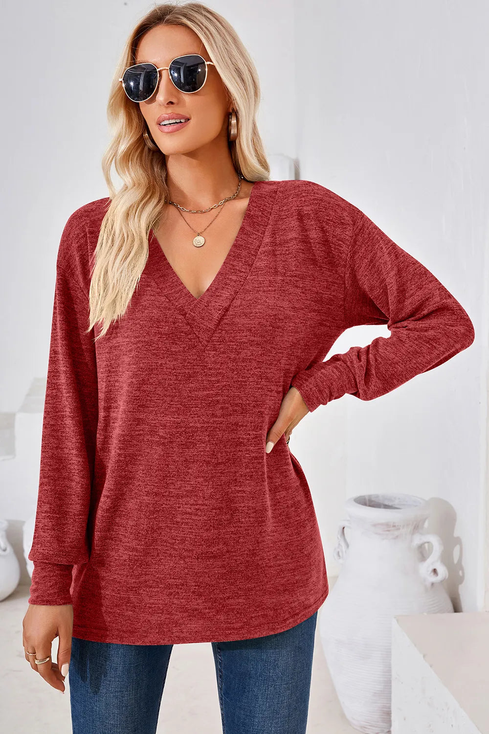 V-Neck Dropped Shoulder T-Shirt – Trendsi | ClozArt