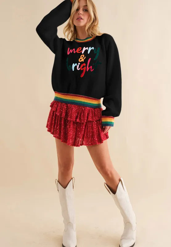 MERRY & BRIGHT Ribbed Round Neck Sweater – Trendsi | ClozArt