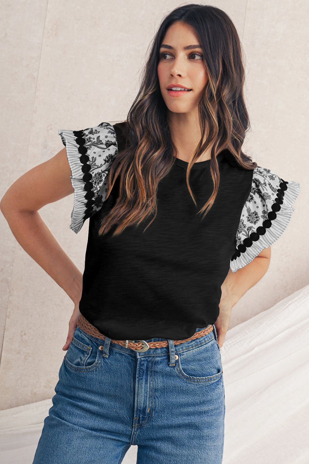 Rose Floral Striped Patchwork Flutter Sleeve Blouse – Shewin | ClozArt