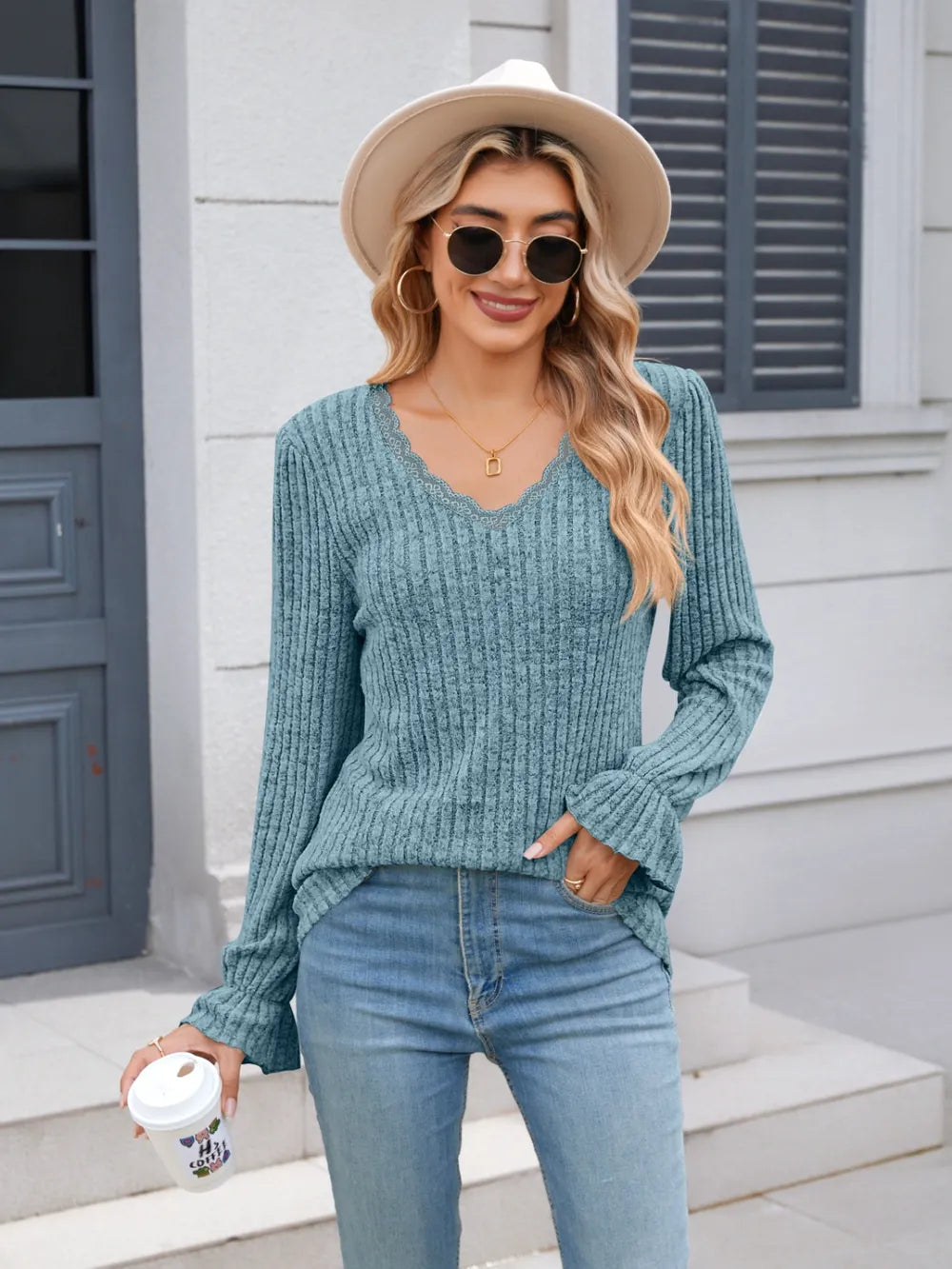 Lace Detail V-Neck Long Sleeve T-Shirt – Trendsi | ClozArt