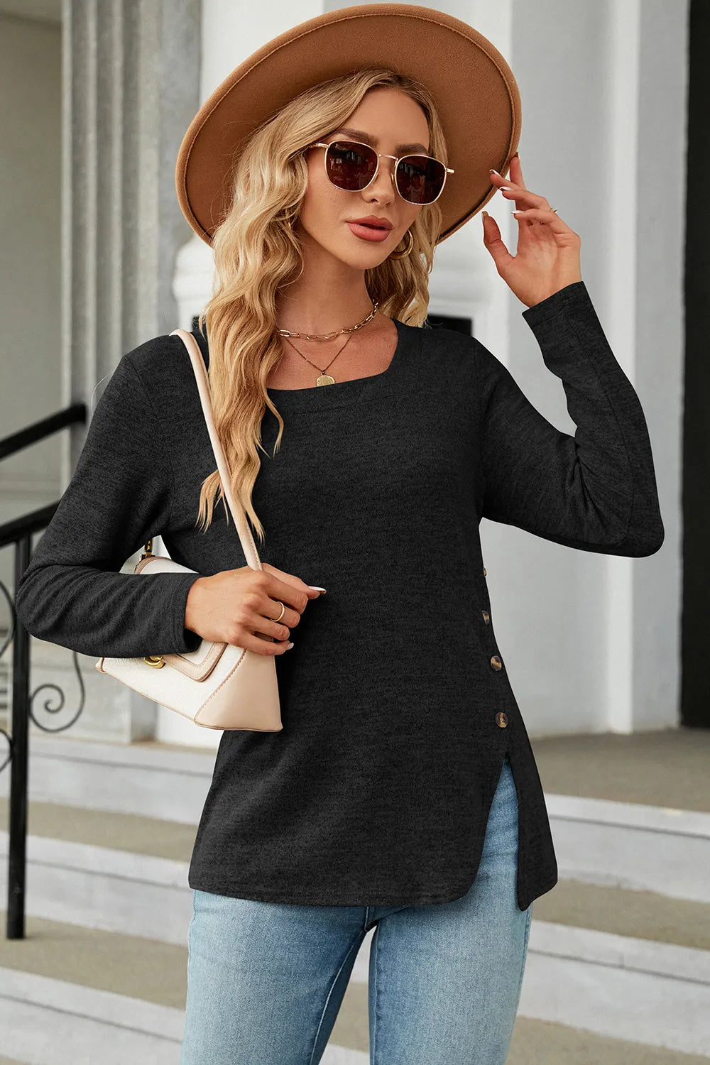 Slit Decorative Button Square Neck T-Shirt – Trendsi | ClozArt