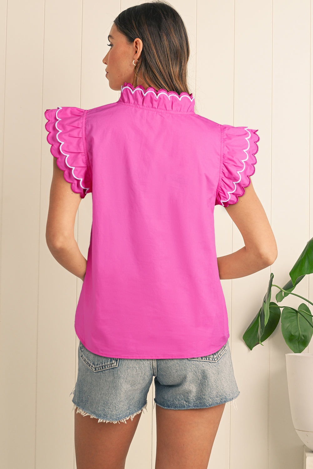 Bright Pink Scallop Trim V Neck Layered Short Sleeve Blouse – Shewin | ClozArt