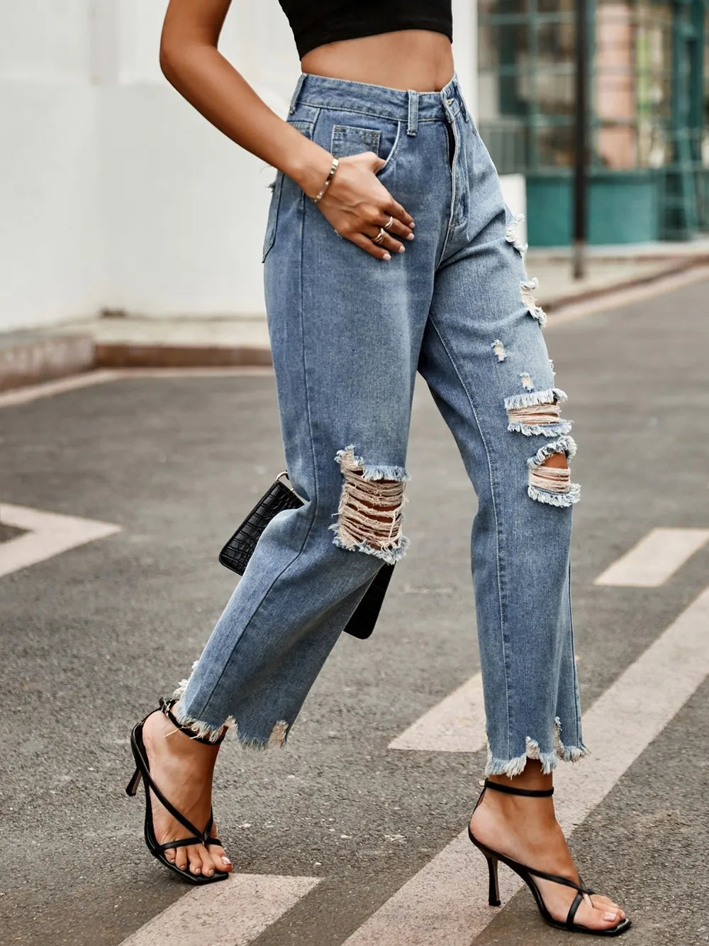 Distressed Raw Hem Jeans with Pockets – Trendsi | ClozArt